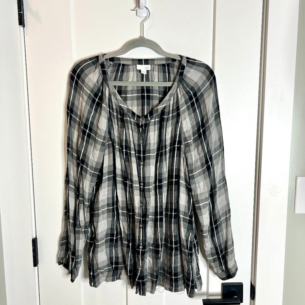 J. Jill Black White Plaid 100% Rayon Flowy Drapey Peasant Flannel Top Size Large